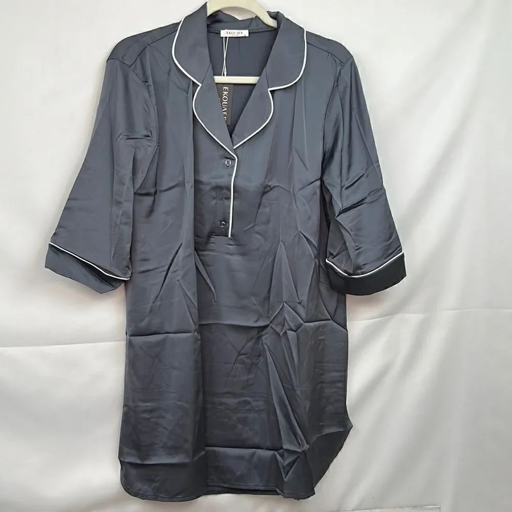 Ekouaer grayβand white satin button down night shirt 1/2 sleeve size mediumβNWT